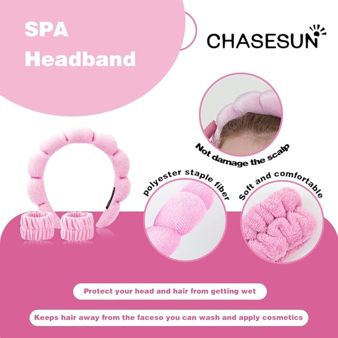 CHASESUN SPA Headband Skincare Hair Band Bubble headband Set for Washing Face Makeup Skincare SPA Bubble with Wristbands Set Pink