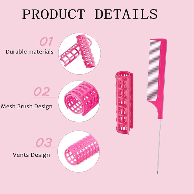 ZMD 28PCS Plastic Hair Rollers Set, 0.6In/1.5cm Small Size Snap on Rollers Self Grip Hair Curlers Heatless Rollers with Comb Hairdressing Curlers Tools for Women/Men Short Thin Fine Hair (Pink)