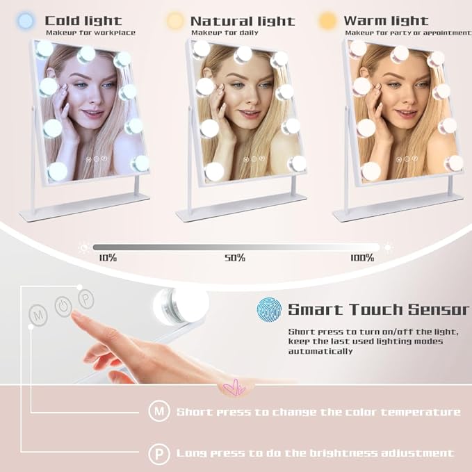 COOLJEEN Vanity Mirror with Lights, 9 Led Bulbs Lighted Makeup Mirror with Detachable 10X Magnification Mirror, Hollywood Mirror 3 Color Lights Tabletop Makeup Mirror, 360°Rotation