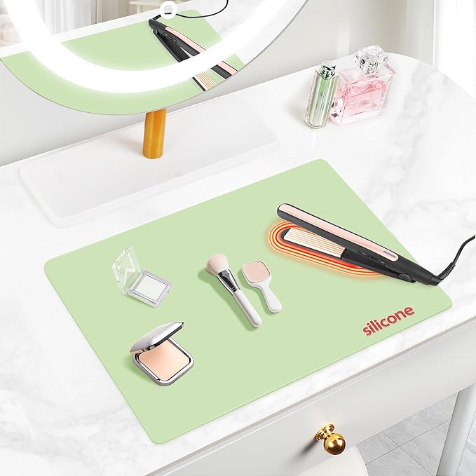 Silicone Makeup Mat for Vanity, 15.7" x 11.8" Heat Resistant Vanity Mat, Easy to Clean & Waterproof, Portable Makeup Accessories for Use While Traveling (Light Green)