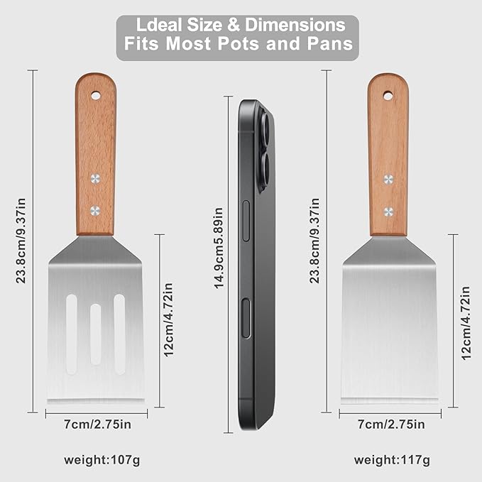 2-Piece Stainless Steel Spatula Set with Serrated Head and Long Mesh, Metal Spatulas for Cast Iron Skillet, Frying Pan, Ideal for Flipping Steak, Pancake, Burger, Eggs, BBQ & Desserts