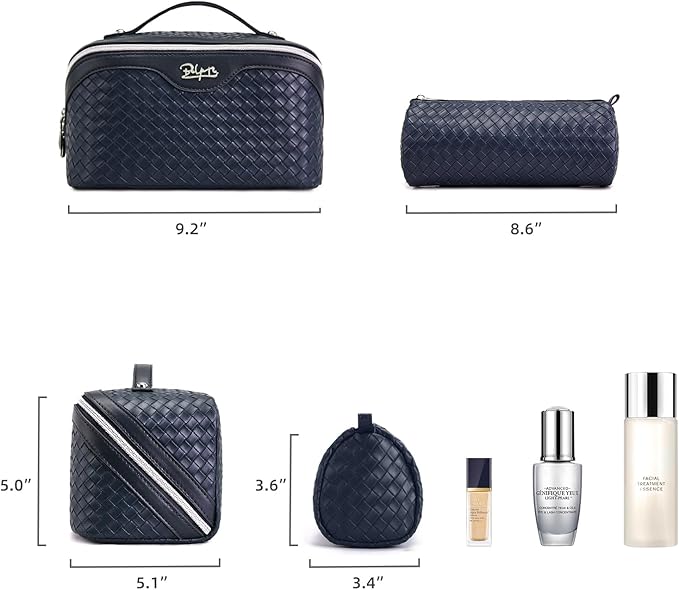 BOYATU Travel Makeup Bag Cosmetic Bags for Women: Large Capacity 3 Pcs Set Make up Bag with Compartments - Waterproof Vegan Leather Toiletry Organizer Bags with Handle (L34 Dark Blue)