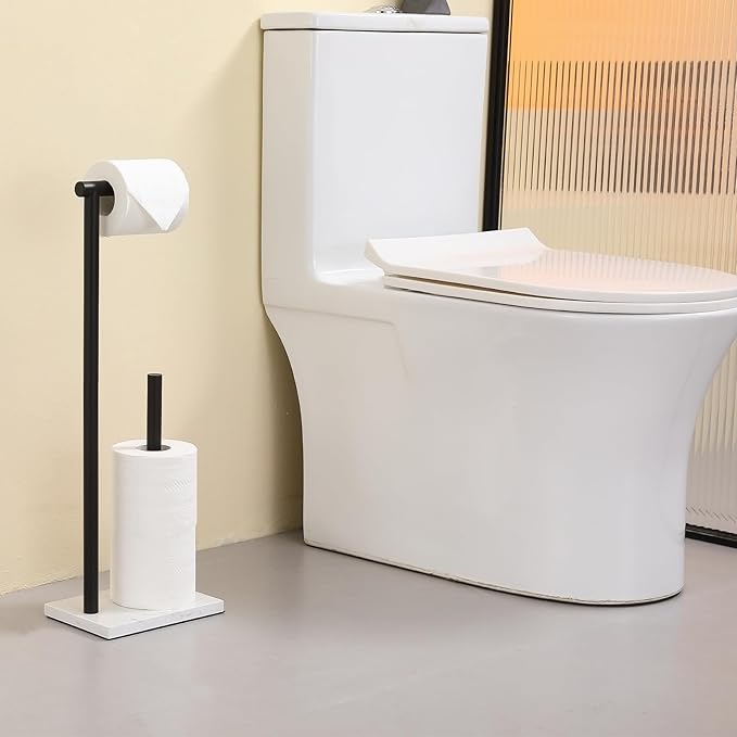 Hoooh Free Standing Toilet Paper Holder Stand with Reserve - Heavyweight Marble Base & Matte Black Stainless Steel Bathroom Tissue Roll Holder