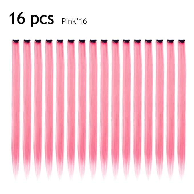 Colored Clip in Hair Extensions 20Inch Straight Syntactic Pink Color Hairpiece Rainbow Party Highlights for Women 16Pcs (Pink Ⅱ)
