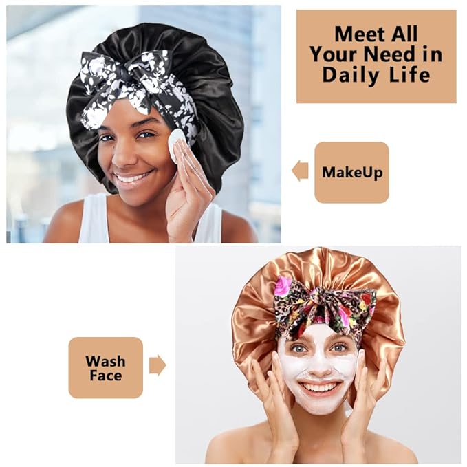 2pcs Large Silky Bonnets with tie Band Braid Bonnet, Satin Bonnet for Sleeping Curly Hair, D