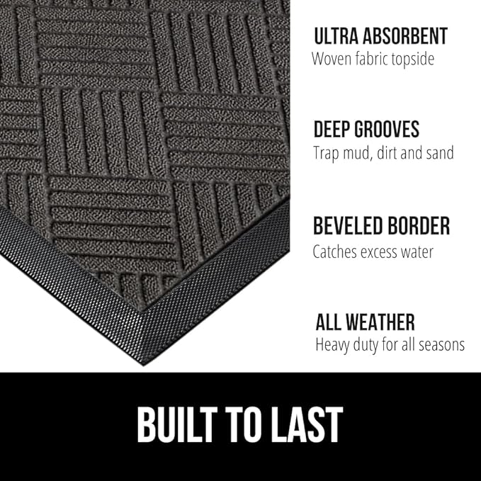 GORILLA GRIP 100% Waterproof All-Season WeatherMAX Doormat US Designed Natural Rubber, Stain Fade Resistant, Low Profile Indoor Outdoor Door Mats, Easy Clean, 17x29 Gray Diamond