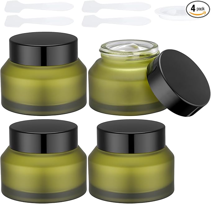 Segbeauty 1.7oz Green Frosted Glass Jar with Lid, Empty Cosmetic Containers Sample Jars Small, Refillable Travel Bottles for Toiletries 4pcs 50ml, Empty Matte Travel Containers with Spatulas