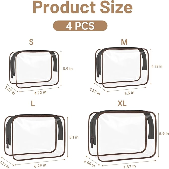 4 Pcs Clear Toiletry Bag, Portable Makeup Cosmetic Bags Pouch with Zipper, PVC Clear Travel Pouch for Women Men - Brown