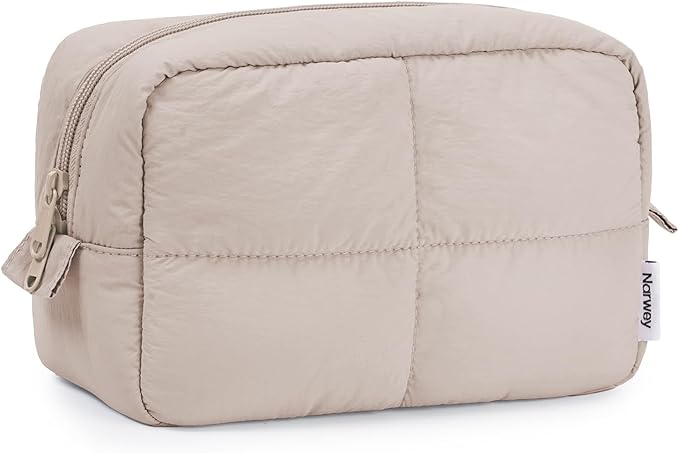 Narwey Quilted Makeup Bag Travel for Women Girl, Cute Cosmetic Bags Make up Organizer with Compartments, Travel Toiletry Bag for Toiletries (Khaki)