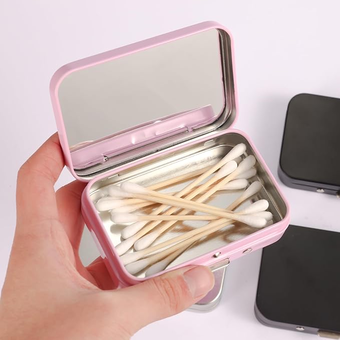 4Pcs Qtip Holder Hair Tie Containers with Mirror,Travel Cotton Swab Holder Flosser Dispenser,Small Travel Containers for for Travel, Dates,Dinners and Hotels(2 Black, 1 Silver, 1 Pink)