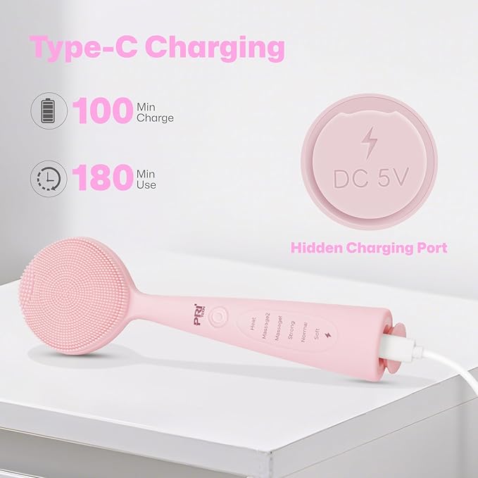 PRITECH Facial Cleansing Brush with 42° Constant‑Temperature Heating – Rechargeable Silicone Face Scrubber for Deep Pore Cleaning, Waterproof Vibrating Exfoliator for Women & Men (Pink)