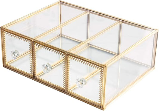 Antique Beauty Display Jewelry Case Holder Clear Glass 3 Drawers Palette Organizer, Cosmetic Storage, Makeup Container 3 Cube Holder/Beauty Dresser Vanity Cabinet Decorative Keepsake Box