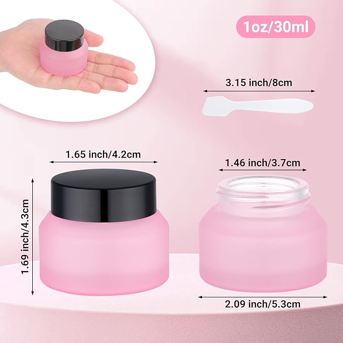 Segbeauty 1oz Frosted Glass Jar with Lid, Small Glass Containers for Lotion Cream Foundation, Refillable Travel Bottles for Toiletries 4pcs 30ml, Pink Empty Travel Size Containers with Spatulas