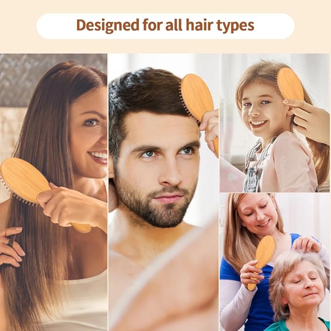 2 Piece Bamboo Hair Brush for Hair Growth, Wooden Paddle Detangler Hairbrush with Natural Bamboo Bristles, For All Hair Types - Women & Men, Scalp Massage, Smooths Tangles & Knots