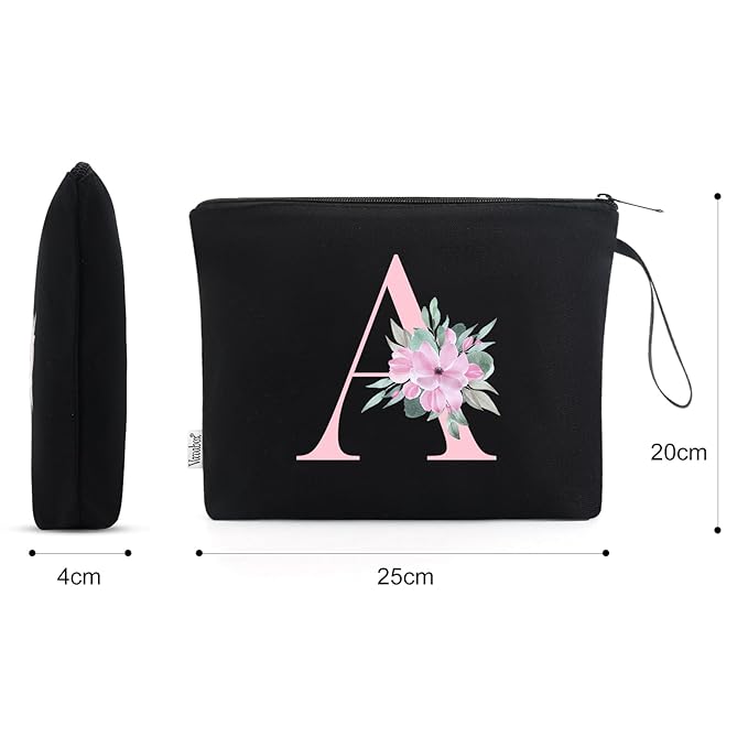 Vavabox A-Z Personalized Makeup Bag, Birthday Gifts for Women Mom, Gifts for Best Friend, Bride Bridesmaid Cosmetic bag (A, Black)