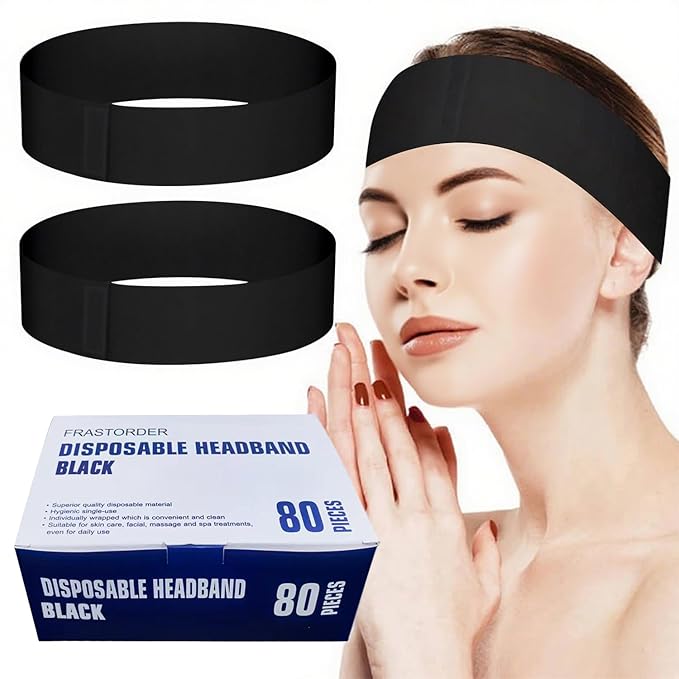 Disposable Spa Headbands for Women - Individually Wrapped Stretch Non-Woven Facial Headbands for Skincare, Makeup & Esthetician Supplies(Black, 80 Count)