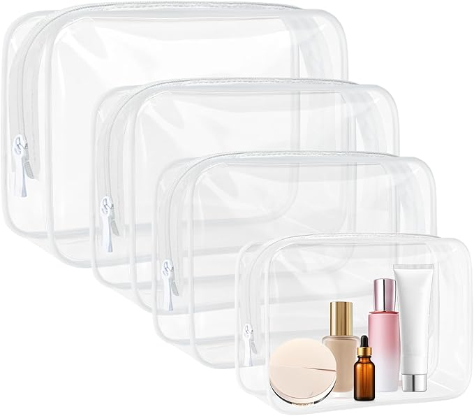4 Pcs Clear Toiletry Bag, Portable Makeup Cosmetic Bags Pouch with Zipper, PVC Clear Travel Pouch for Women Men - White