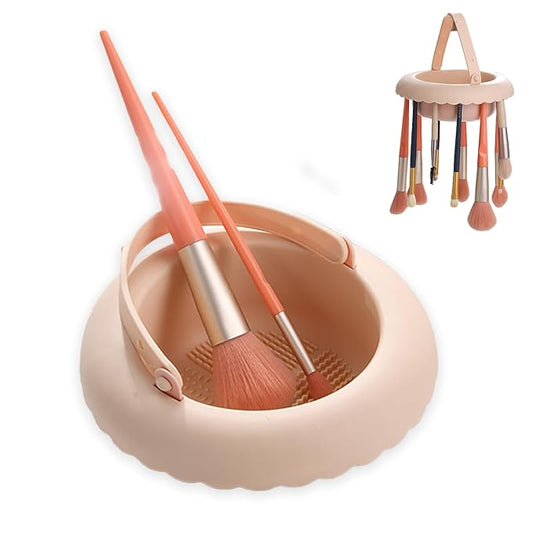 3-in-1 Makeup Brush Cleaner Mat, Silicone Brush Cleaning Bowl, Cleaning Tool & Storage Organizer for Brushes and Air Drying (Beige)