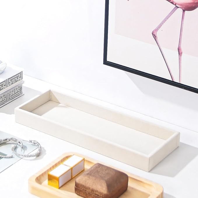 2Pcs Desk Drawer Storage Tray, Nightstand Organizer, Jewelry Display for Necklace, Bracelet, Ring, Earring, Grid Table Organizer Holder for Sunglass, Phone, Watch, Perfume (1 Grid)/Beige