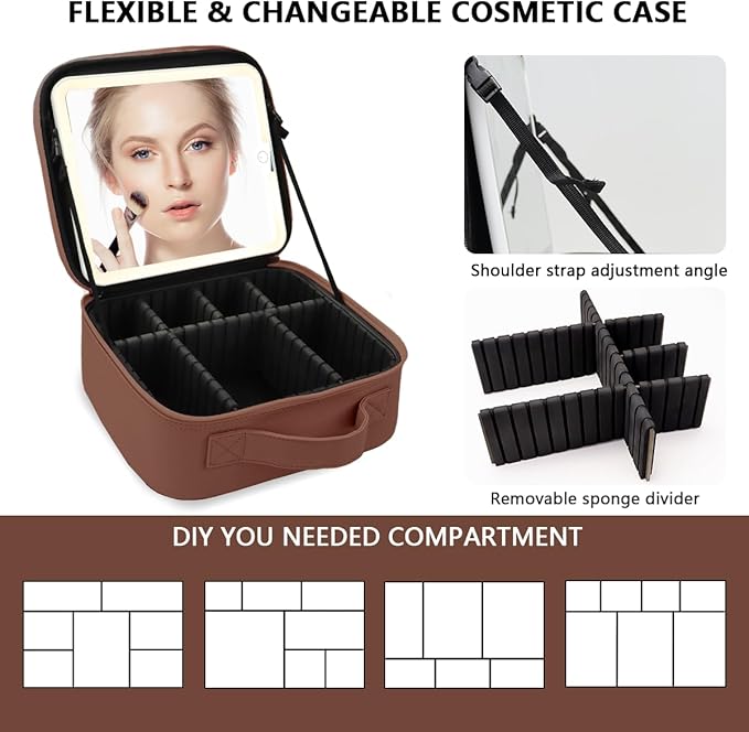 Travel Makeup Bag for Women and Makeup Artists Cosmetic Organizer Large Makeup Case,Travel Makeup Bag with Mirror 3 Color Setting,Portable Storage and Adjustable Dividers(Dark brown)