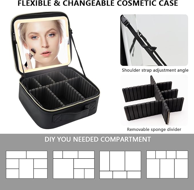 Travel Makeup Bag with LED Lighted Mirror, Travel Makeup Organizer,3 Color Setting Cosmetic Makeup Box, Adjustable Dividers and Brush Holder（black）