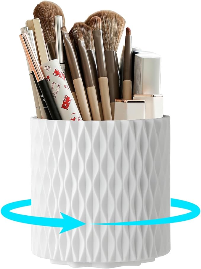 360° Rotating Makeup Brush Holder, 5-Slot Cosmetic Organizer Cup for Vanity, Desk & Bathroom Countertop, White