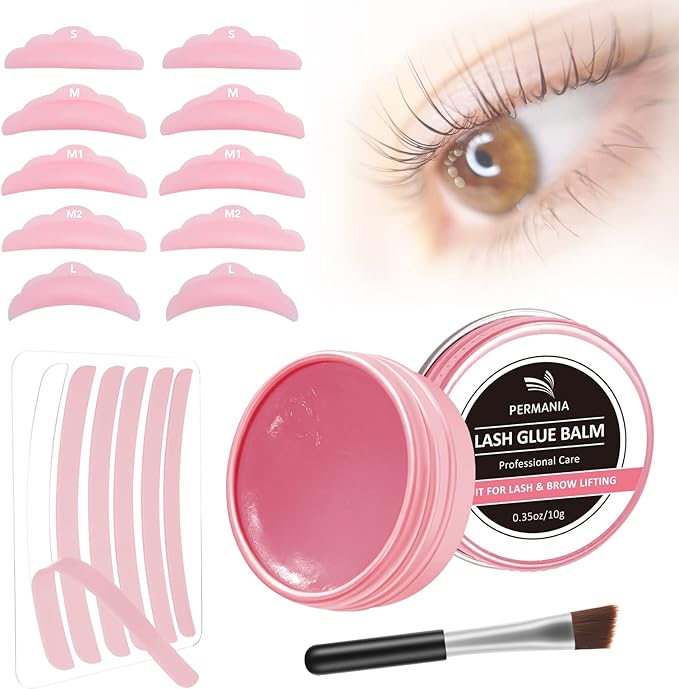 PERMANIA Lash Lift Rods, Great Smell Lash Glue Balm for Eyelash Perm Silicone Curler Pads Reusable Lash Perm Covers Makeup Beauty Tools 17PCS(Pink)