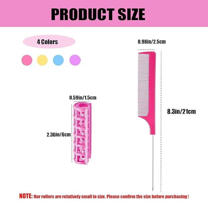 ZMD 28PCS Plastic Hair Rollers Set, 0.6In/1.5cm Small Size Snap on Rollers Self Grip Hair Curlers Heatless Rollers with Comb Hairdressing Curlers Tools for Women/Men Short Thin Fine Hair (Pink)