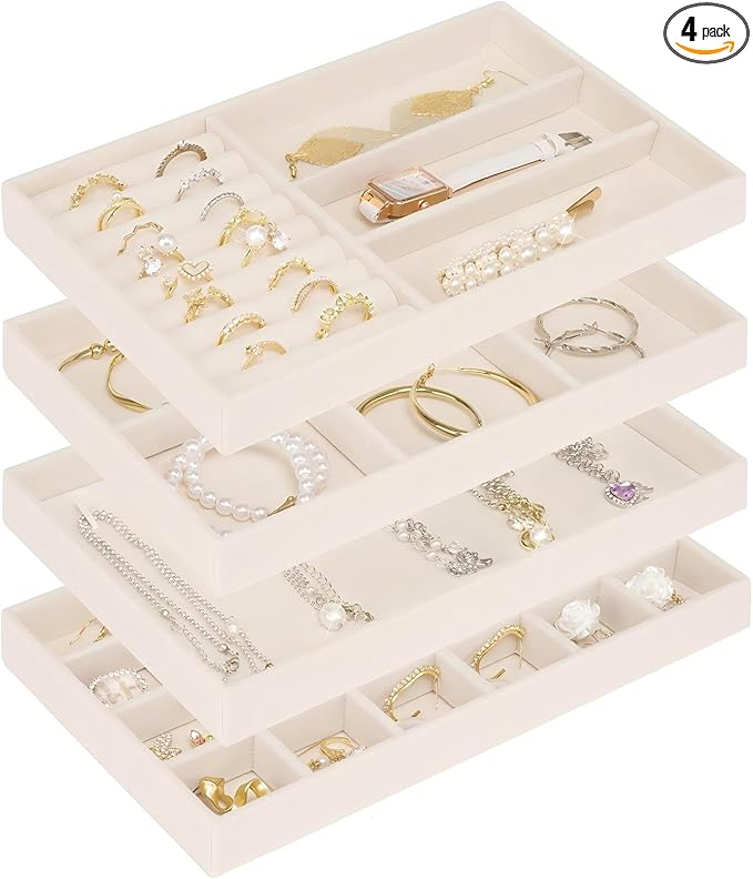 Cirhy Velvet Jewelry Drawer Organizer Trays – Stackable Jewelry Trays for Drawers, Set of 4 Jewelry Organizer for Drawer Inserts, Display Storage Box for Earrings, Rings, Necklaces, Bracelets