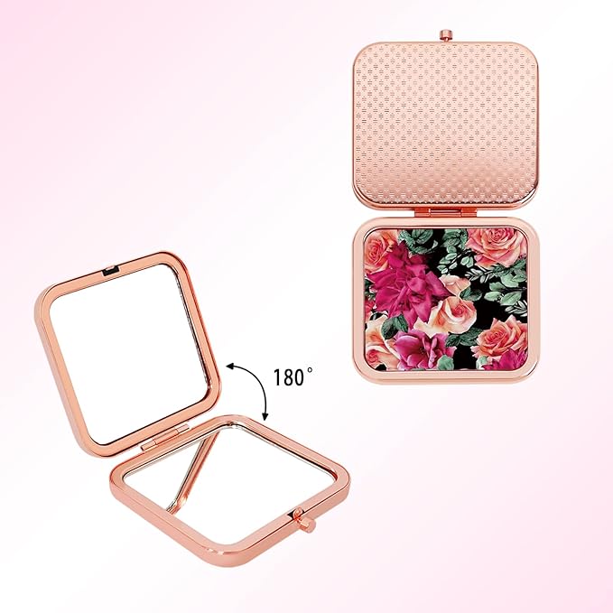 Luxury Rose Print Compact Mirror - Double-Sided 1X/2X Magnifying Makeup Mirror, Rose Gold Metal Frame, Portable Travel Pocket Mirror for Purse & Handbag, Stylish Gift for Women