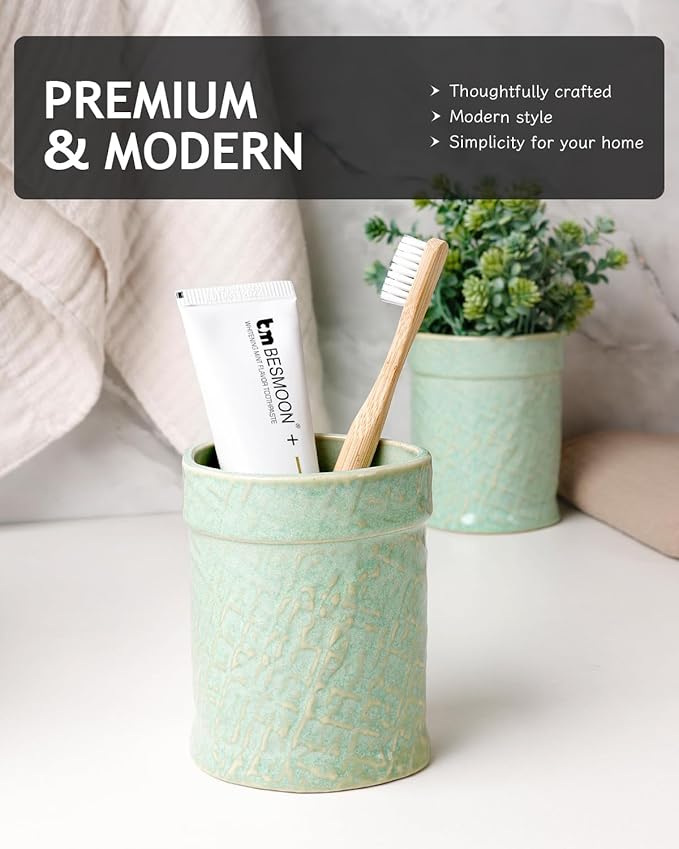 Toothbrush Holder, Tooth Brush Holder for Bathroom - Ceramic Toothbrush Cup Toothbrush Holders Countertop, Makeup Brush Holder Pen Holder, 3.54" x 3.54" x 4.33", Green, ANTIS'S HOME