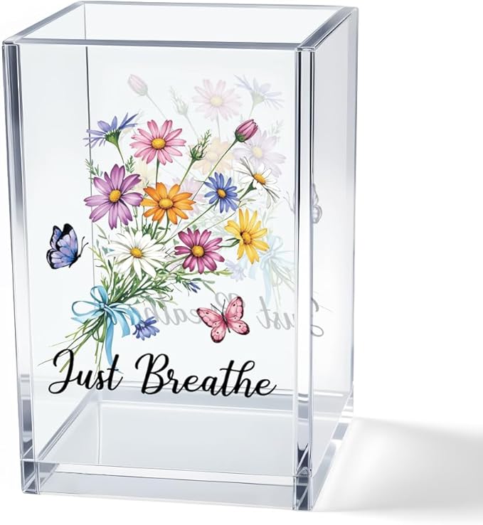Just Breathe Acrylic Cosmetic Pencil Pen Holder Cup, Hope Inspirational Makeup Brush Organizer Holder, Women Faith Gifts, Encouragement Gifts for Women Mom Daughter Sister Friend Yoga Teacher