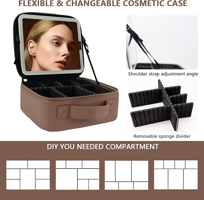 Travel Makeup Bag for Makeup Artists Large Makeup Case,with Mirror 3 Color Setting and Detachable 10x Magnifying Mirror Travel Makeup Bag,Portable Storage and Adjustable Dividers（Mocha）