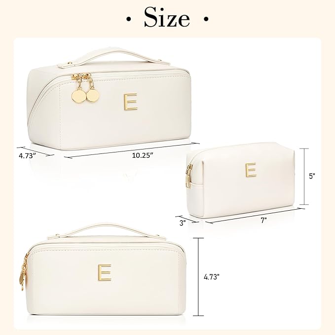 Birthday Gifts for Women Teen Girl, Personalized Initial Makeup Organizer Bag Set, Open Flat Travel Cosmetic Bag With Clear Divider and Handle(Large-Beige,E)
