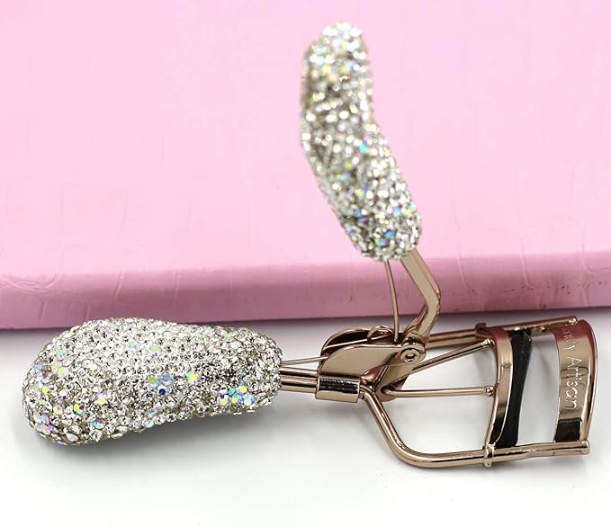 Bling Rhinestones Makeup Eyelash Curler with Refill Silicone Pressure Pads and Spring Loaded for No Pinching or Pulling (Silver)