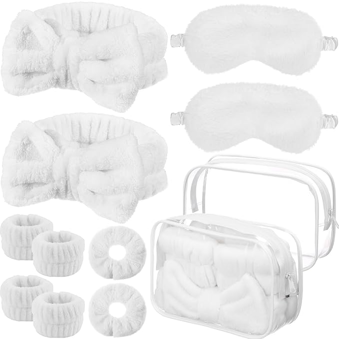Hoteam 10 Pcs Galentine Spa Party Supplies Valentine Gift Set Sleepover Party Favor Spa Headband Wristband Sleep Eye Mask Velvet Scrunchies for Skin Care Makeup Slumber Night Favor(White)