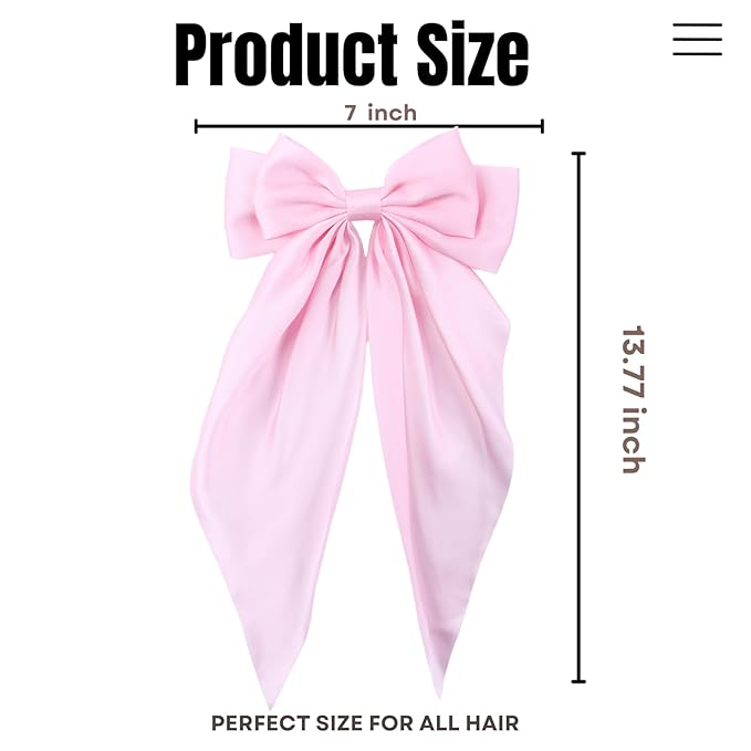 2PCS Big Hair Bow Clips for Women Girls – Pink Satin Ribbon Bow Barrettes with Long Tails, Large Cute Hair Accessories for Ponytail, Photoshoot & Everyday Styling