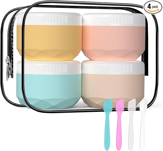 Travel Containers for Toiletries, 4-Pack TSA Approved Silicone Jars (1.7oz) - BPA Free Leakproof Cosmetic Containers for Creams, Lotion, Skincare & Makeup with Bonus Waterproof Bag