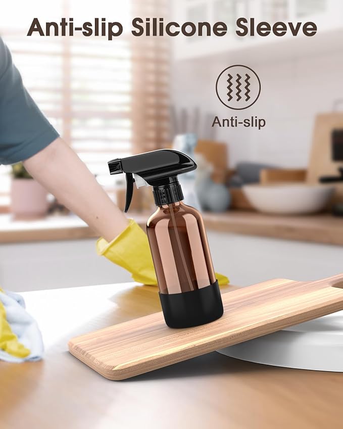 Bontip Glass Spray Bottle with Silicone Sleeve Protection, Amber Glass Spray Bottle Set for Window Cleaner Aromatherapy Facial Hydration Watering Flowers Hair Care 2 Pack/8 oz (Black & Brown)