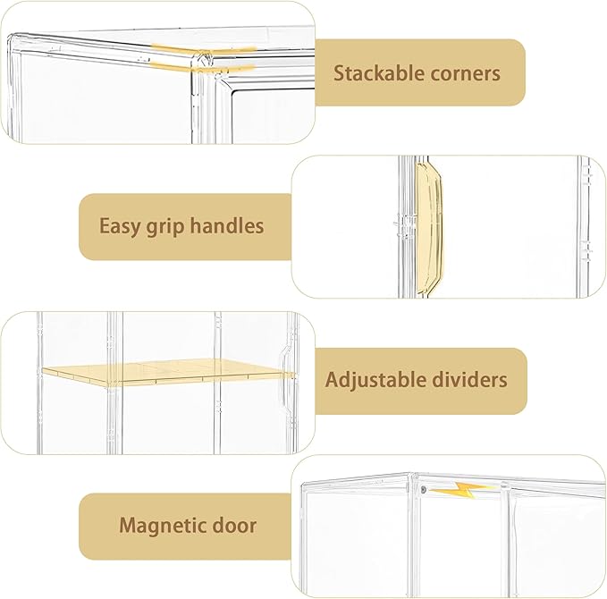 Acrylic Display Case for Collectibles, Clear Storage Bin with 3 Adjustable Layers and1 Removable Divider, Stackable Clear Storage Box with Magnetic Door for Figures, Home or Office,Large,2Pack
