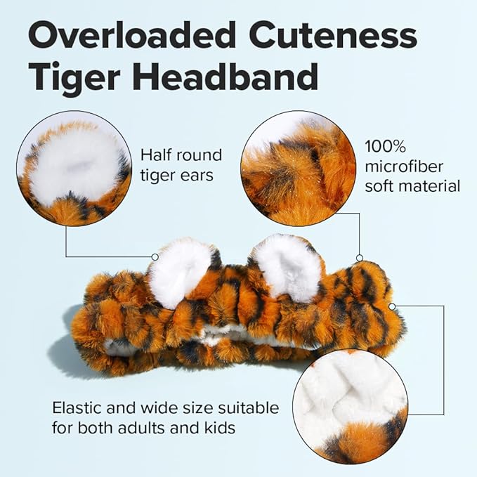I DEW CARE Face Wash Headband - Tiger | Adorable Design, Perfect for Washing & Cleansing, Makeup and Spa, Bath, Skincare, Quick Dry, Soft & Fuzzy, Non Slip, Reusable, Teen Girls Stuff