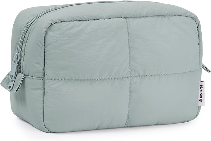 Narwey Makeup Bag Women Girls, Travel Toiletry Bag for Women, Puffy Cute Cosmetic Bag Organizer Make up Bag with Compartments (Sage Green)