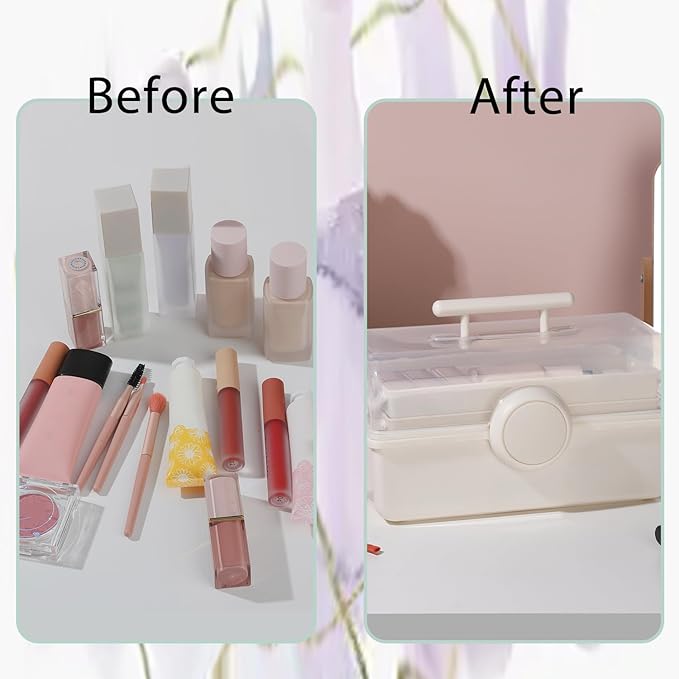 RAMFIYN Makeup Storage, Pink Tackle box for Women with Handle. Cosmetic Storage Box Organizer, Portable 3 Layers Makeup Case for Home