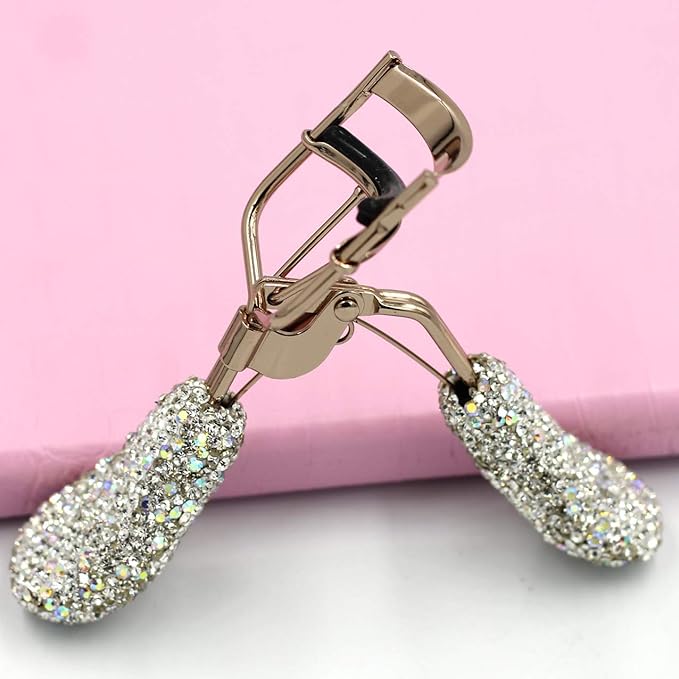 Bling Rhinestones Makeup Eyelash Curler with Refill Silicone Pressure Pads and Spring Loaded for No Pinching or Pulling (Silver)