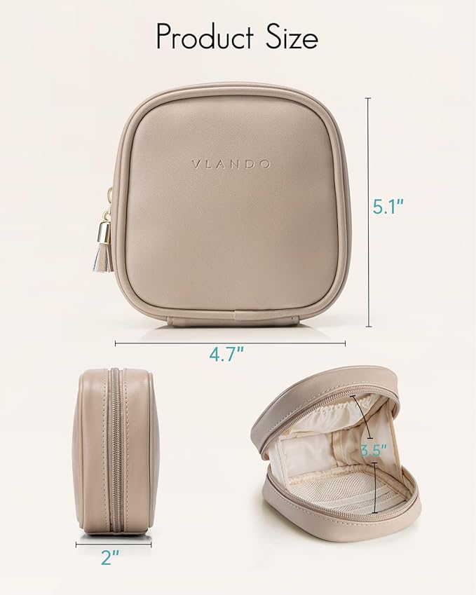 Vlando Mini Makeup Bag, Small Makeup Bag for Purse with Slip-in Pockets, Portable Travel Toiletry Bag with Zipper, Waterproof Make up Organizer Case for Women - Toffee