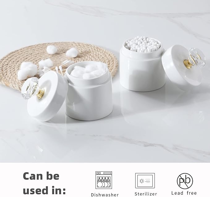 ONTUBE Porcelain Cotton Swabs Holder Organizer with Crystal Lid and Easy to Clean, White (Gold Lid,Set of 2)