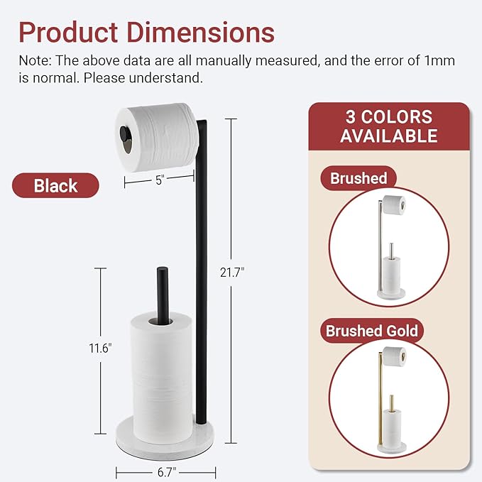 Hoooh Free Standing Toilet Paper Holder with Reserve - Heavyweight Marble Base & Matte Black Stainless Steel Bathroom Tissue Stand