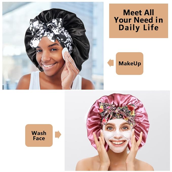 2pcs Large Silky Bonnets with tie Band Braid Bonnet, Satin Bonnet for Sleeping Curly Hair, A