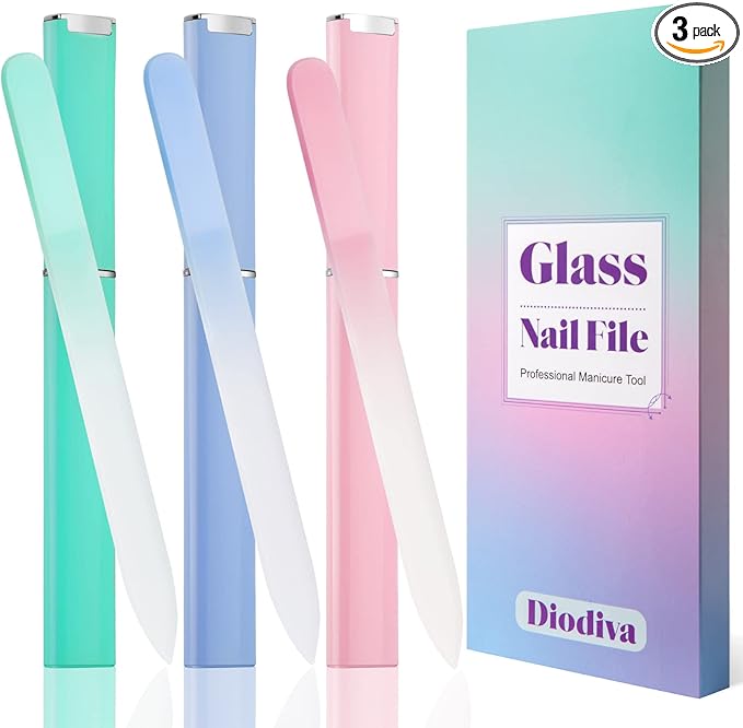 Glass Nail File 3 Pack for Natural Nails, Crystal Fingernail Files with Case Etched Nail Filer Professional Nail File Glass Lima de uñas, Unique Christmas Gifts Stocking Stuffers for Women Adults