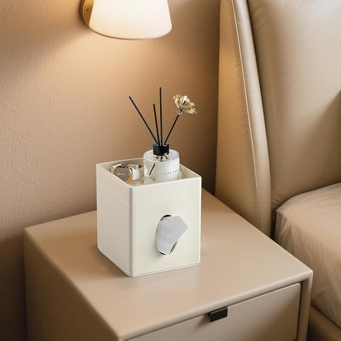 Tissue Box Cover, PU Leather Square Tissue Box Holder with Storage Tray for Bathroom Vanity Countertop Night Stands Bedroom Office Desk, Stylish Tissue Holder Decorative Organizer (Cream)